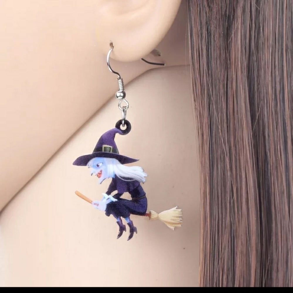 Acrylic Earrings:Cackling Flying Witch on a Broom - Picture 3 of 4
